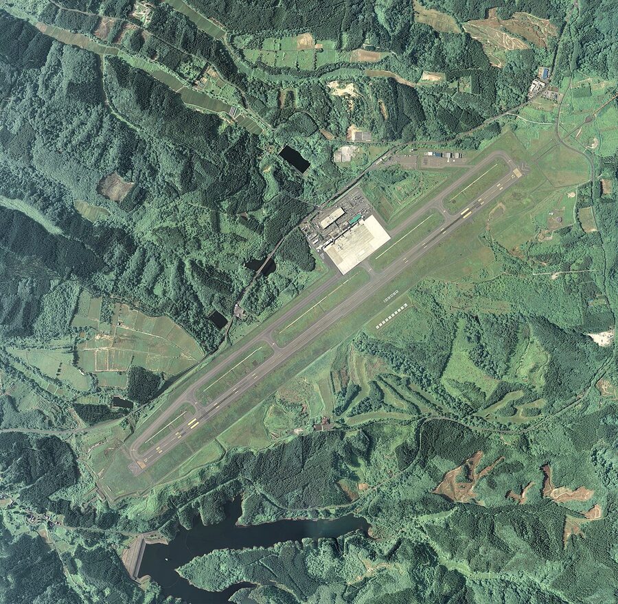 An aerial view of Aomori Airport in winter
