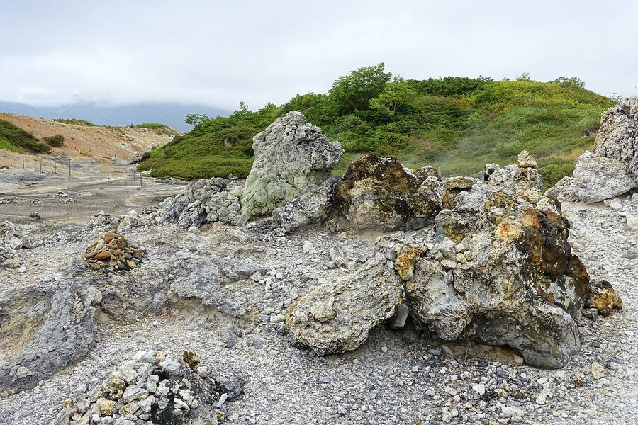 A sulphur fumerole vent on the bare ground at Mount Osore