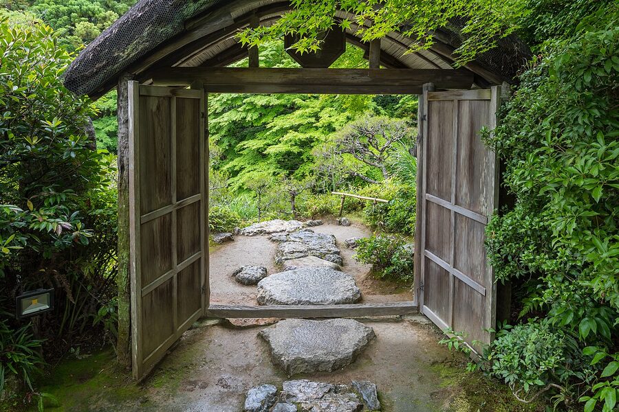 Okochi Sanso Villa wooden gate in Arashiyama Kyoto