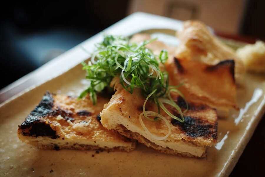 Kyoto yudofu grilled tofu with scallions on ceramic plate
