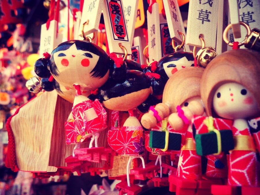 Traditional handmade Japanese kokeshi puppets at Asakusa souvenir shop