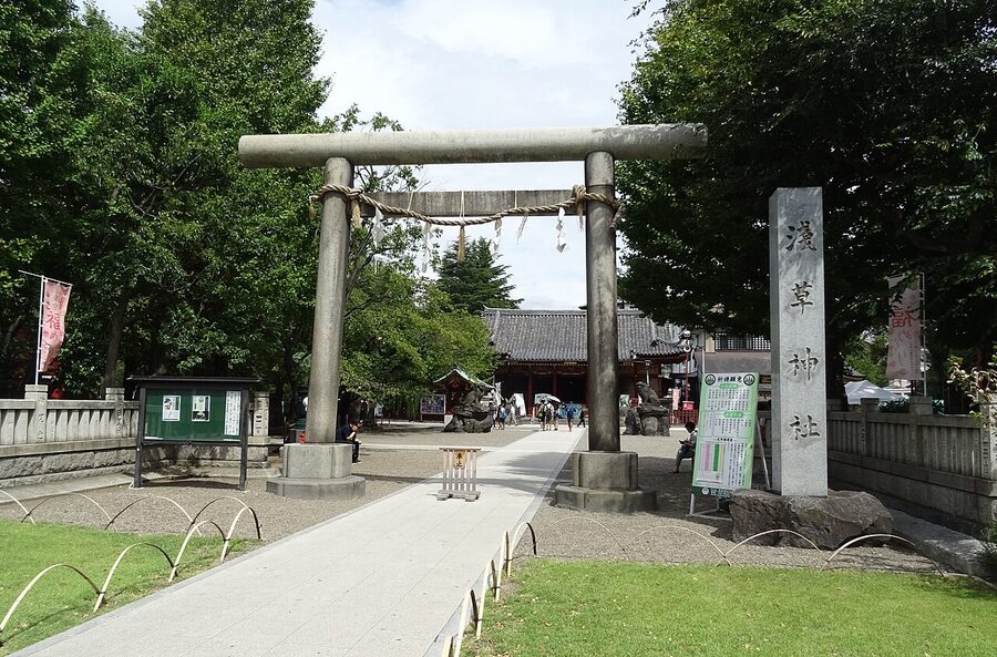 Torii gate at Asakusa Shrine in Asakusa, Tokyo