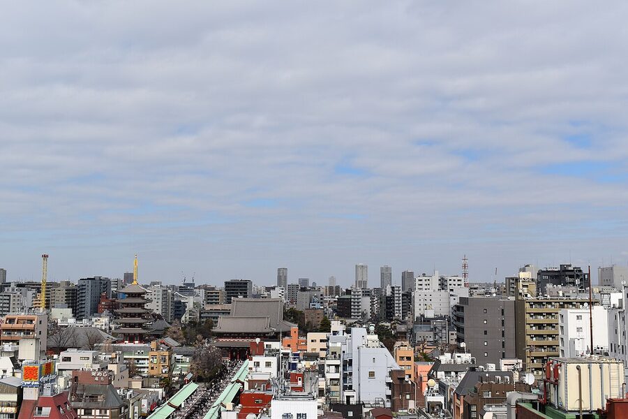 Asakusa rooftops with Senso-ji and Tokyo Skytree visible across the Sumida River