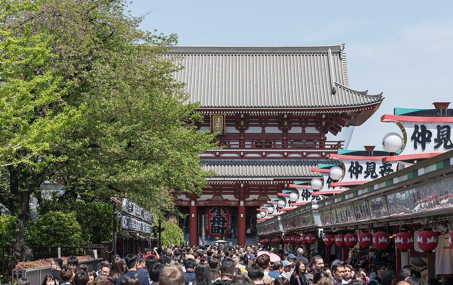 Hozomon Gate at Senso-ji Temple seen from Nakamise shopping street, Asakusa