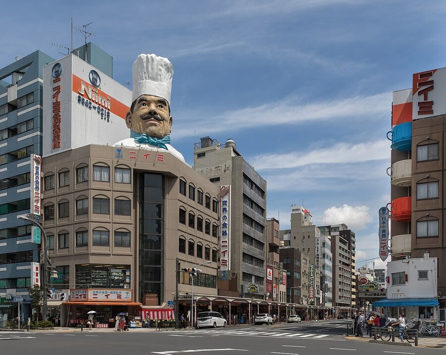 Kappabashi-dori kitchenware street with chef-hat statue, Tokyo