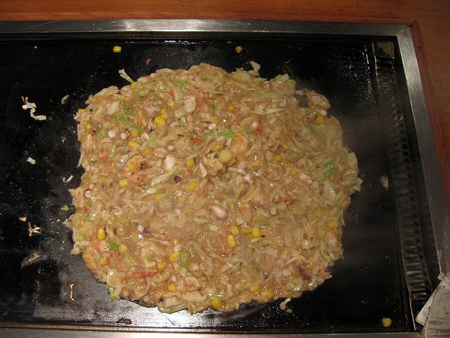 Monjayaki cooked on a hot teppan iron grill, Tokyo