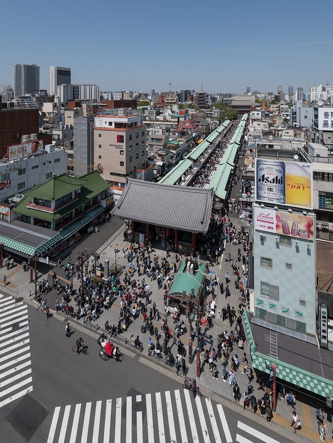 Aerial view of Nakamise shopping street looking toward Senso-ji from the Tourist Information Center, Asakusa