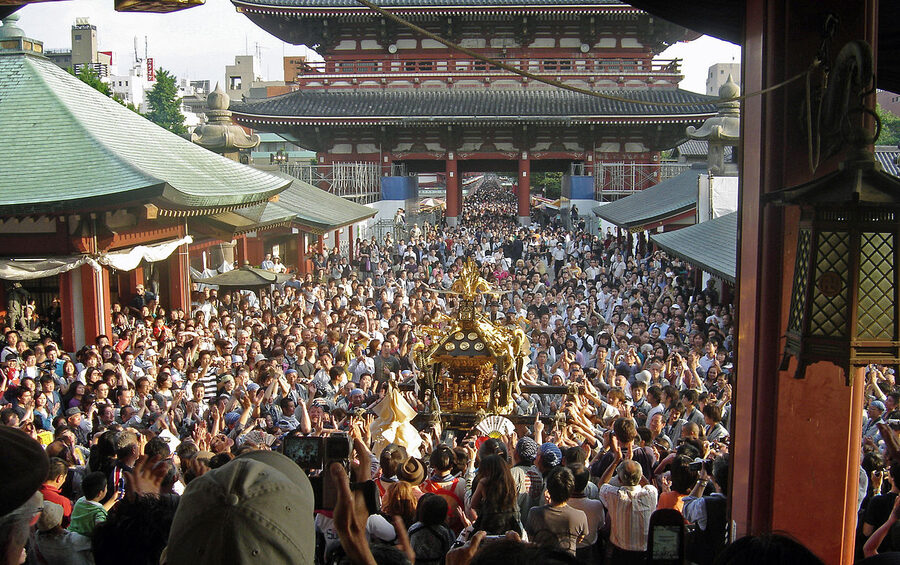Sanja Matsuri mikoshi being carried at Senso-ji, Asakusa, Tokyo