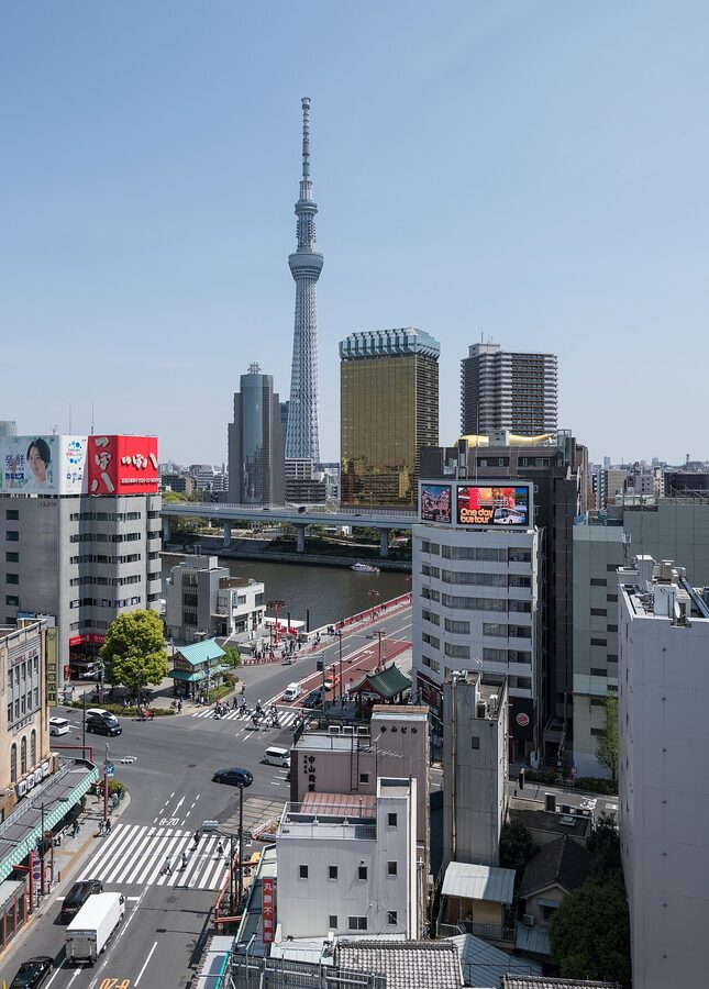 View of Tokyo Skytree across the Sumida River from Asakusa side