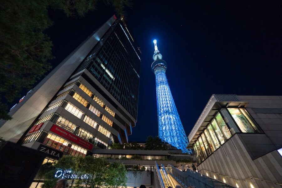 Tokyo Skytree illuminated at night seen from Sumida riverside, Tokyo