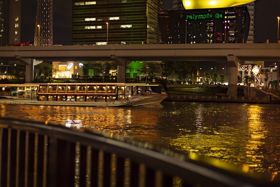Sumida River water bus passing under Asakusa bridge, Tokyo