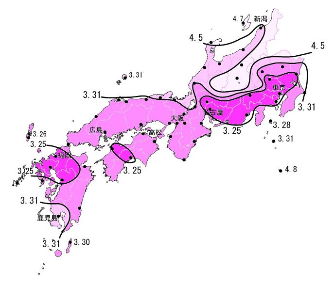 Map of Japan showing the cherry blossom front advancing from Kyushu to Hokkaido in spring