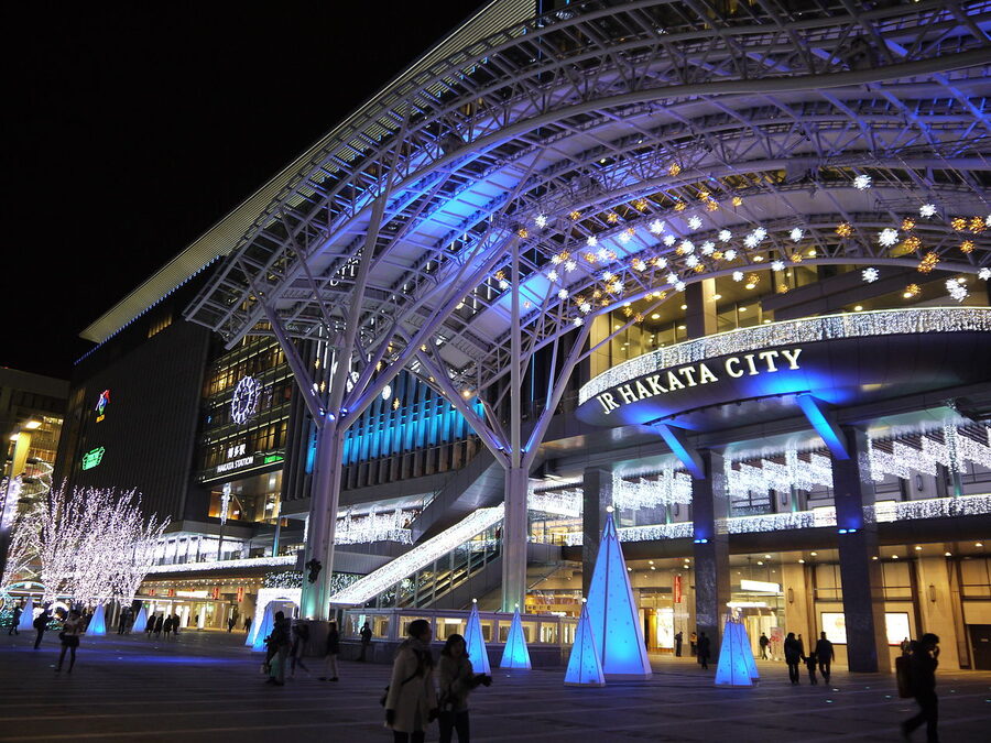 Hakata Station illuminated at night