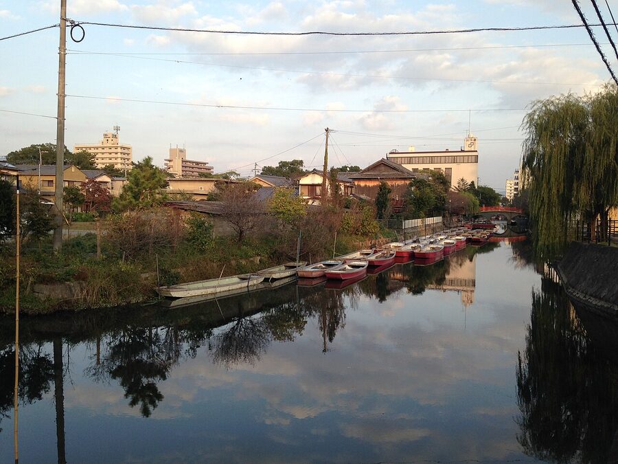 Yanagawa river boat from a bridge