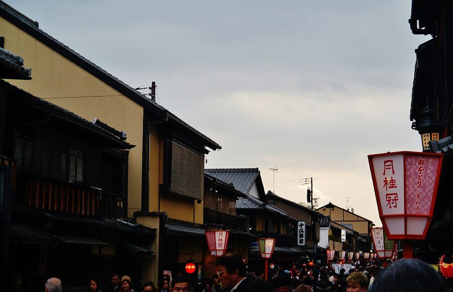 Historic City Quarter of Gion in Kyoto with traditional wooden buildings