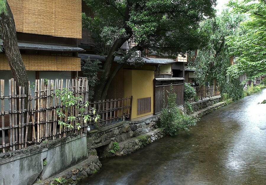 Shirakawa Canal in Gion with rear of teahouses overhanging the water