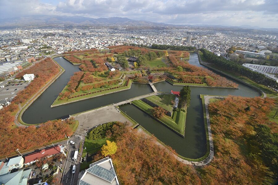 Goryokaku fort in autumn red maple leaves