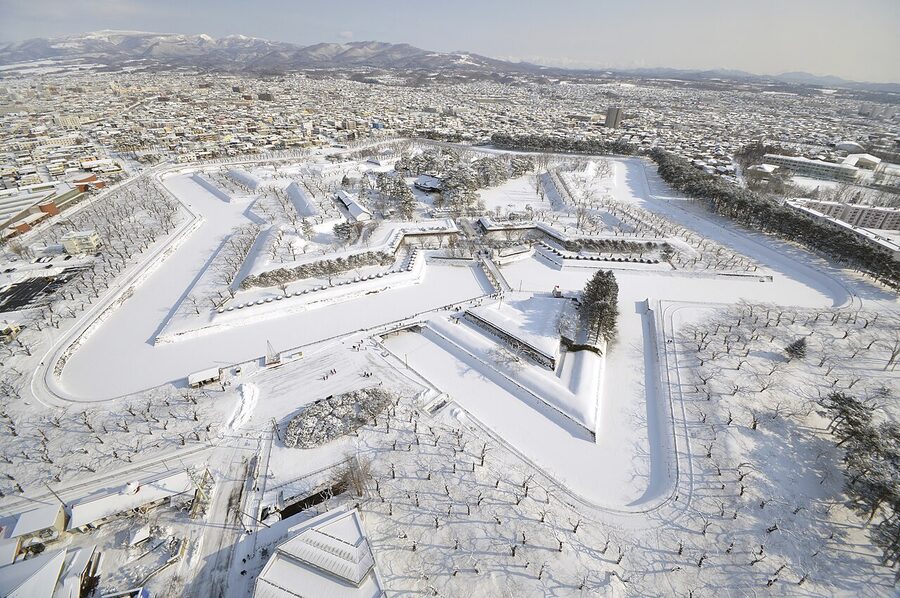 Goryokaku star fort under snow in winter