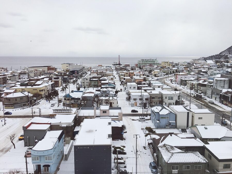 Hakodate harbour in winter snow