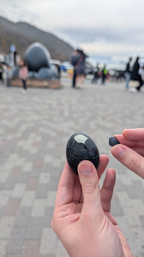 Kuro-tamago black eggs being boiled in volcanic water at Owakudani