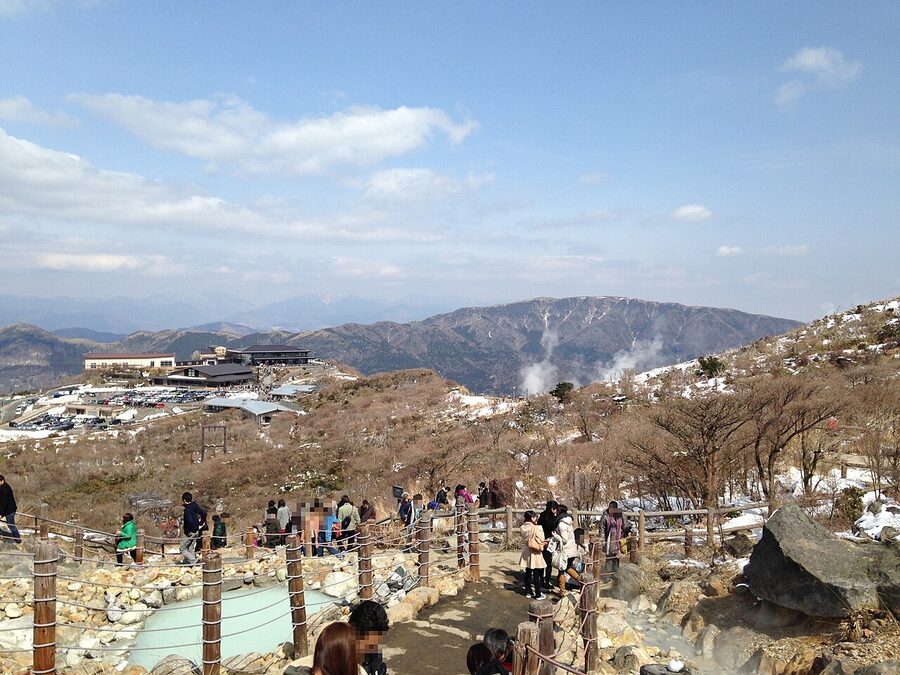 Owakudani volcanic valley with Owakudani Station and Mt. Myojingatake