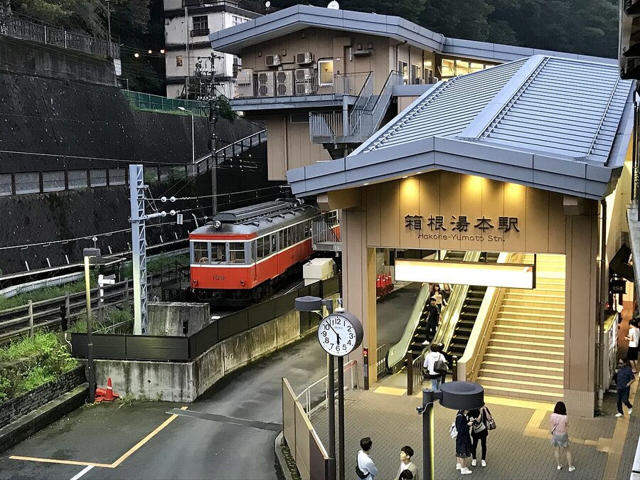 Hakone-Yumoto Station front entrance with arrival board