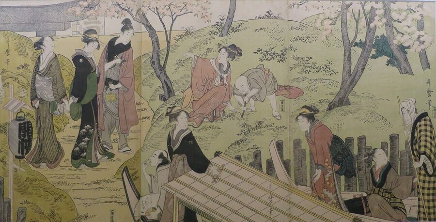 Edo-period woodblock print of cherry blossom viewing party