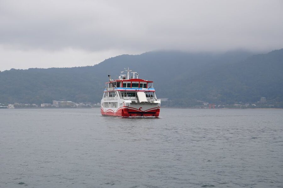 Ferry crossing Hiroshima Bay with Miyajima Island in the background