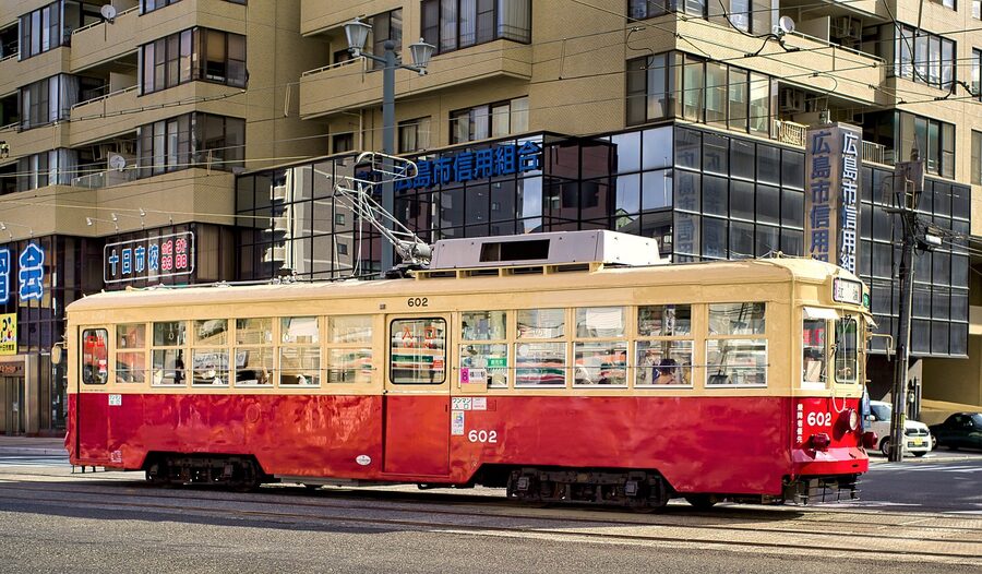 Hiroden tram running on Hiroshima city street