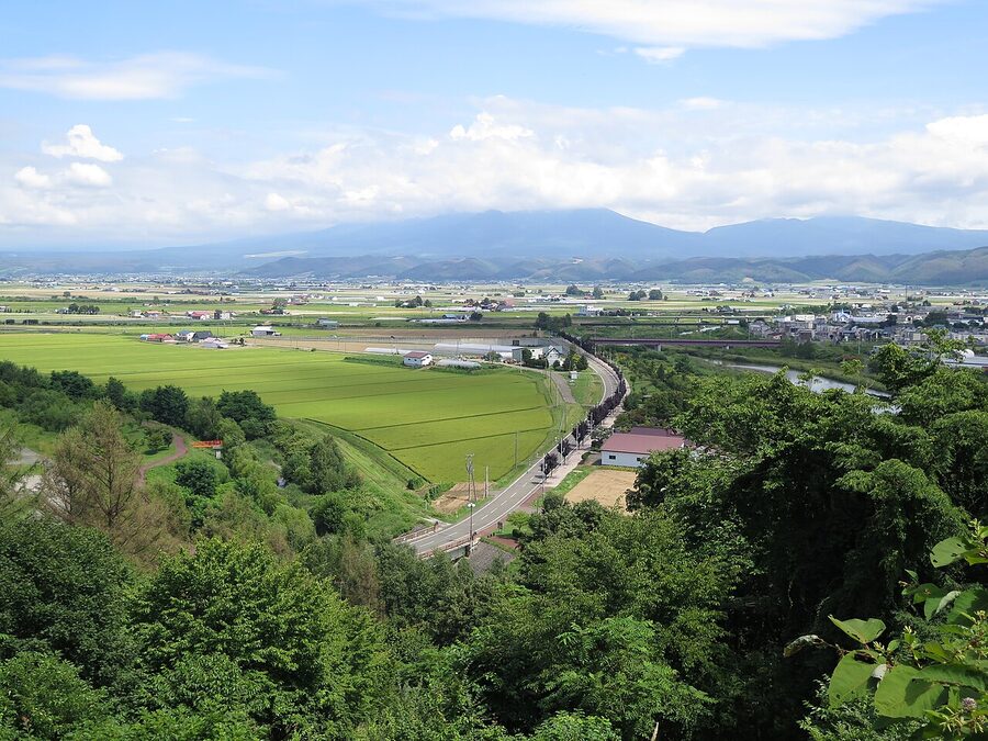 The town of Furano with surrounding farmland and the Tokachi Range beyond.
