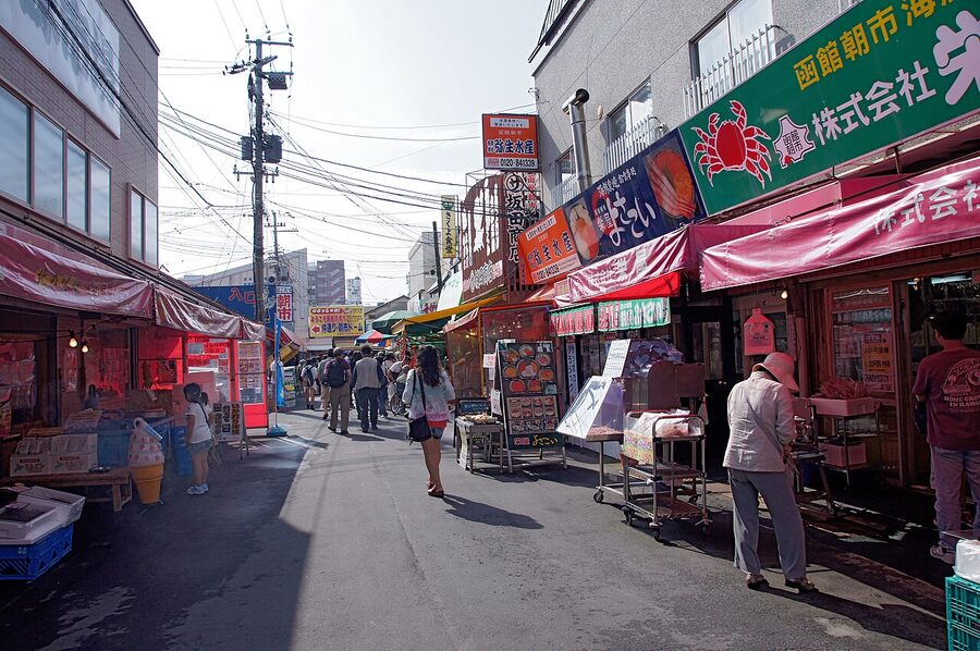 Stalls of crabs and live squid at Hakodate Morning Market.