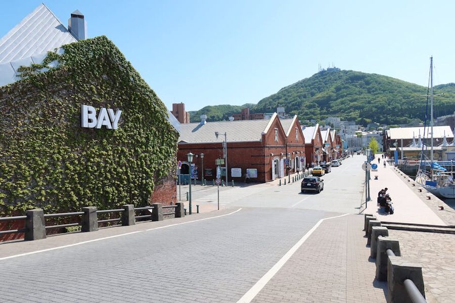 Ivy-covered red-brick Kanemori warehouses on the Hakodate waterfront.