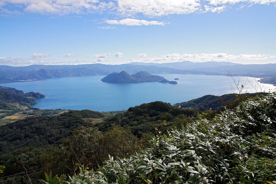 Lake Toya in summer with Nakajima island in the centre.