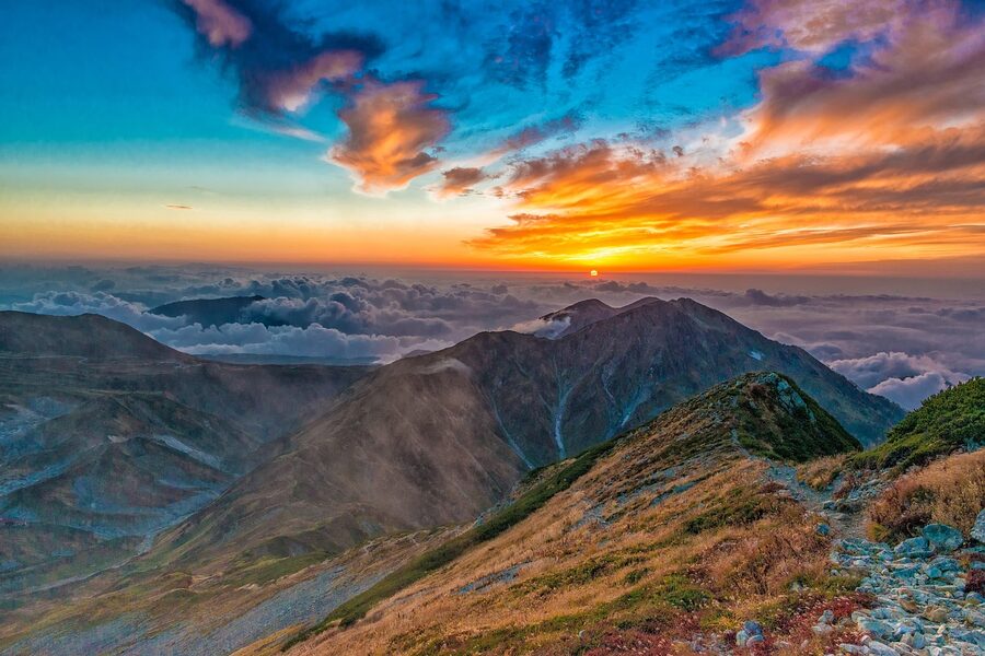 The Tateyama mountain range at sunset above the cloud line