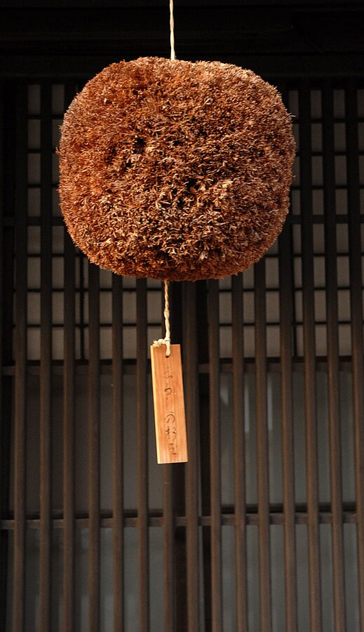 A sake-barrel sugidama hanging outside a Higashi Chaya teahouse in Kanazawa