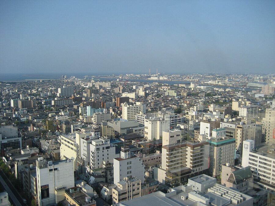 An aerial city view of Niigata, the largest city on the Sea of Japan coast