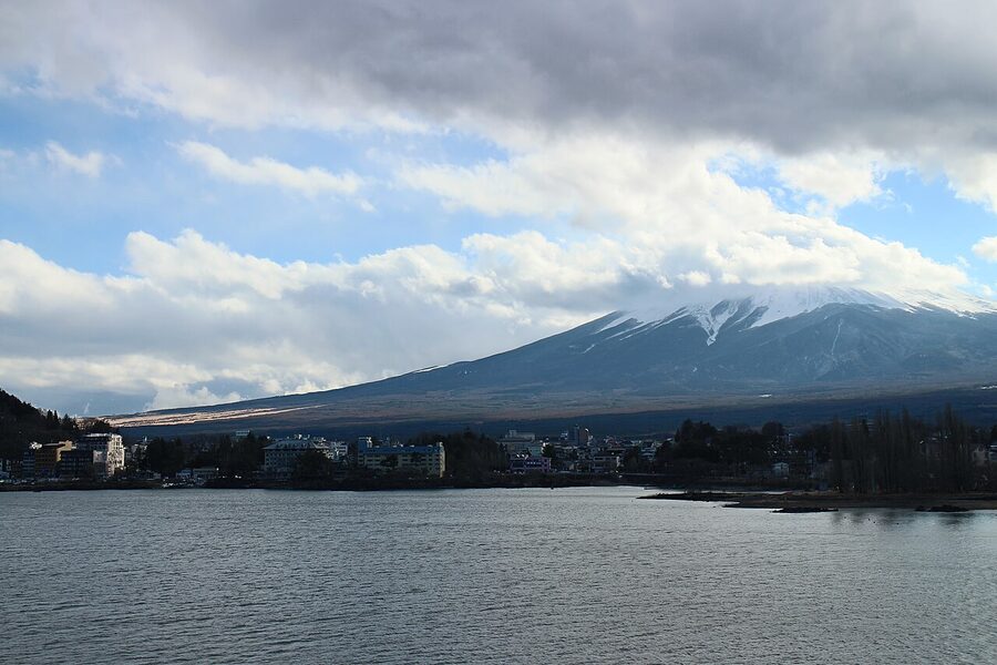 Mt. Fuji reflected in Lake Kawaguchi on a clear winter day