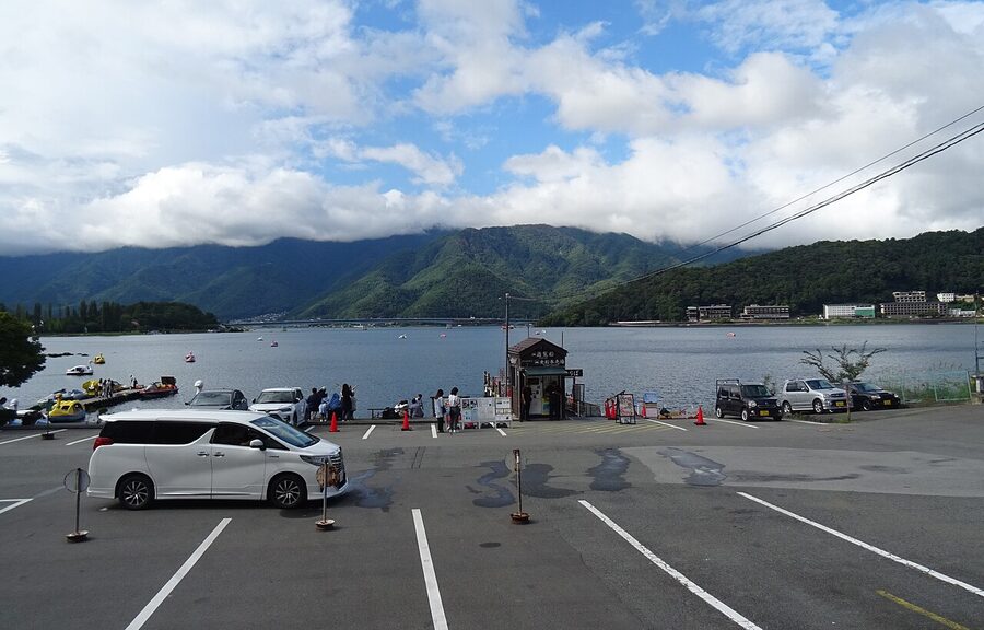 Lake Kawaguchi shoreline in Fujikawaguchiko, looking towards Mt. Fuji