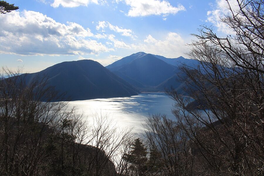 Mt. Fuji from Panoramadai above Lake Motosu, with the cone fully visible