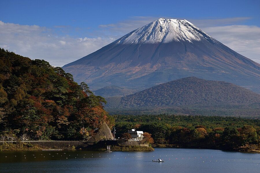 Mt. Fuji rising over Lake Shoji, the smallest of the Fuji Five Lakes