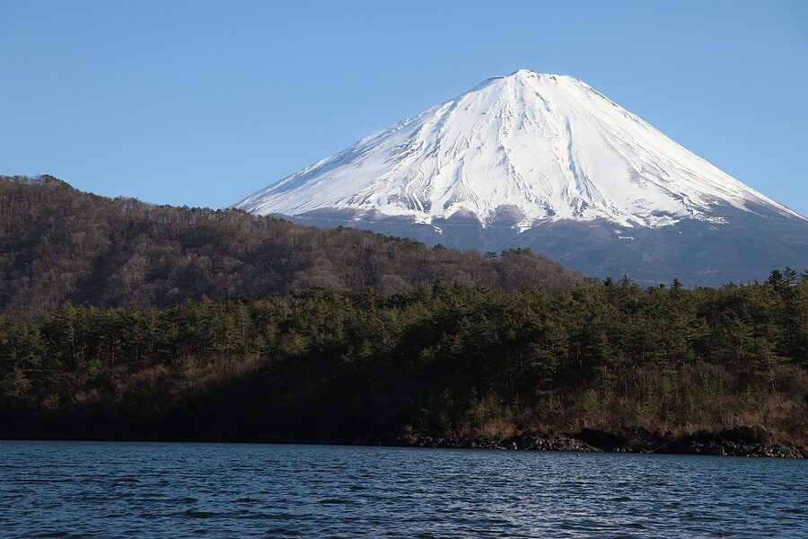 Mt. Fuji partially visible from Lake Saiko at Nenmahama, autumn
