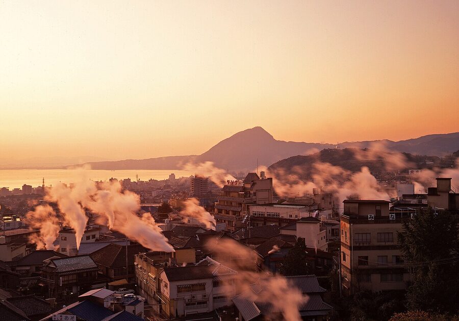 Steam rising from Beppu's hot spring sources across the city