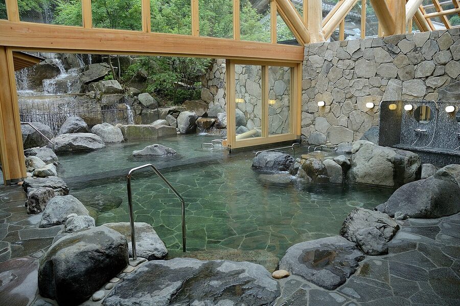 Inside Goshono-yu public bath at Kinosaki Onsen, indoor pool
