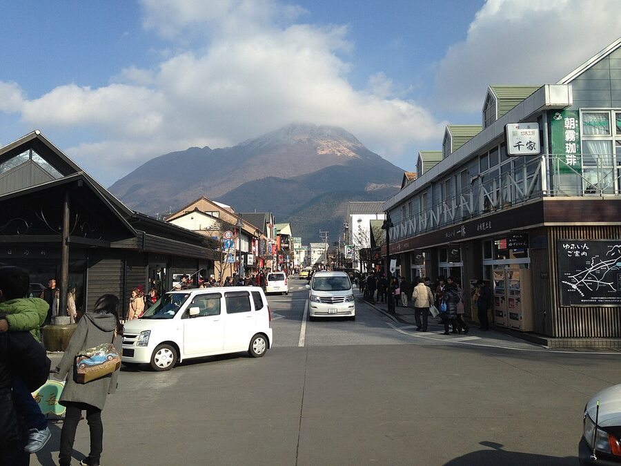 Yufuin Onsen main street with Mt Yufu in the background