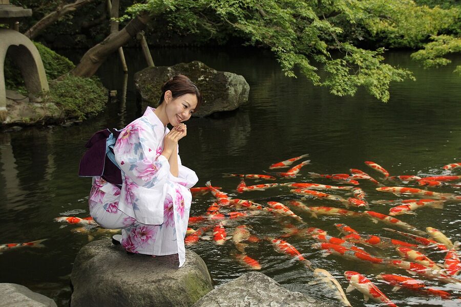 Woman in yukata beside a koi pond in a Japanese garden