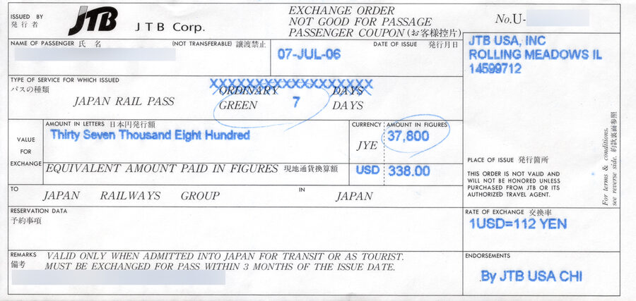 Japan Rail Pass exchange order voucher