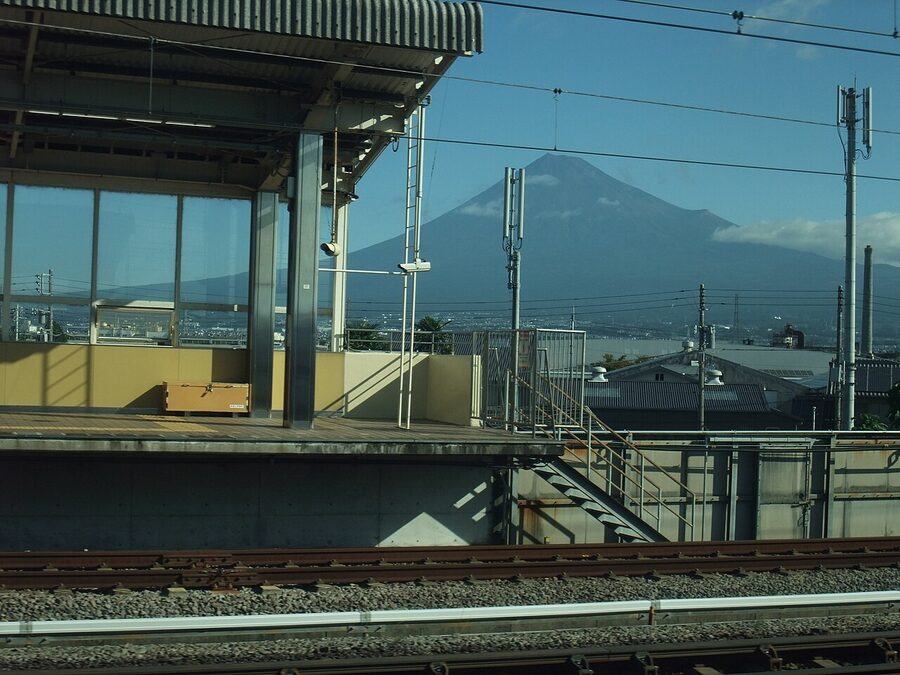 View of Mt Fuji from a Tokaido Shinkansen window at Shin-Fuji Station