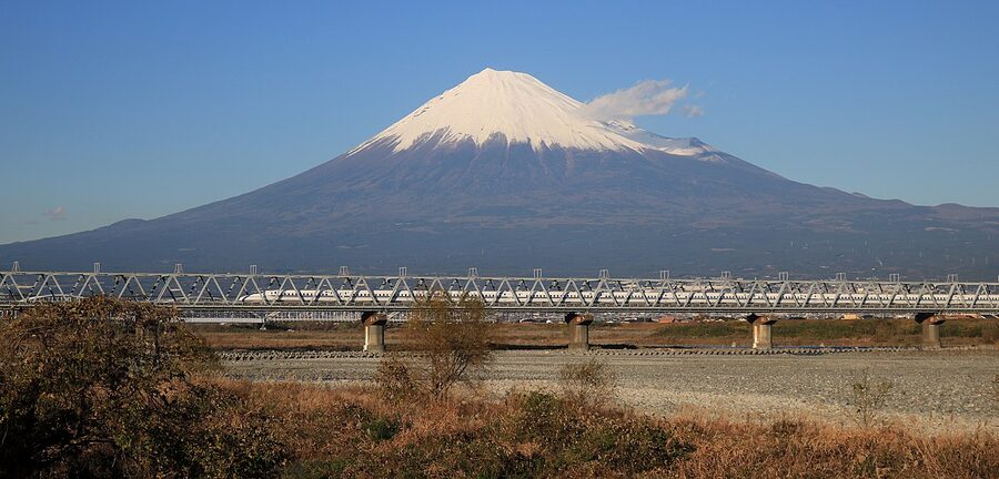 Tokaido Shinkansen crossing the Fujikawa Bridge with Mt Fuji