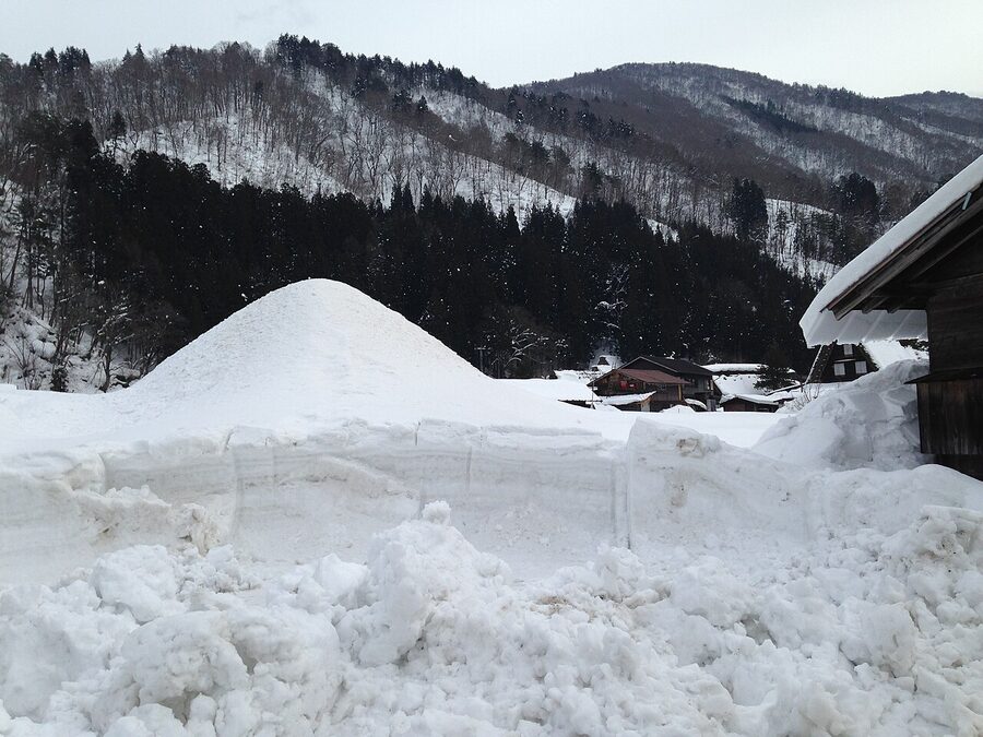 The Ogimachi village in Shirakawa-go under fresh snow, with traditional gassho-zukuri farmhouses