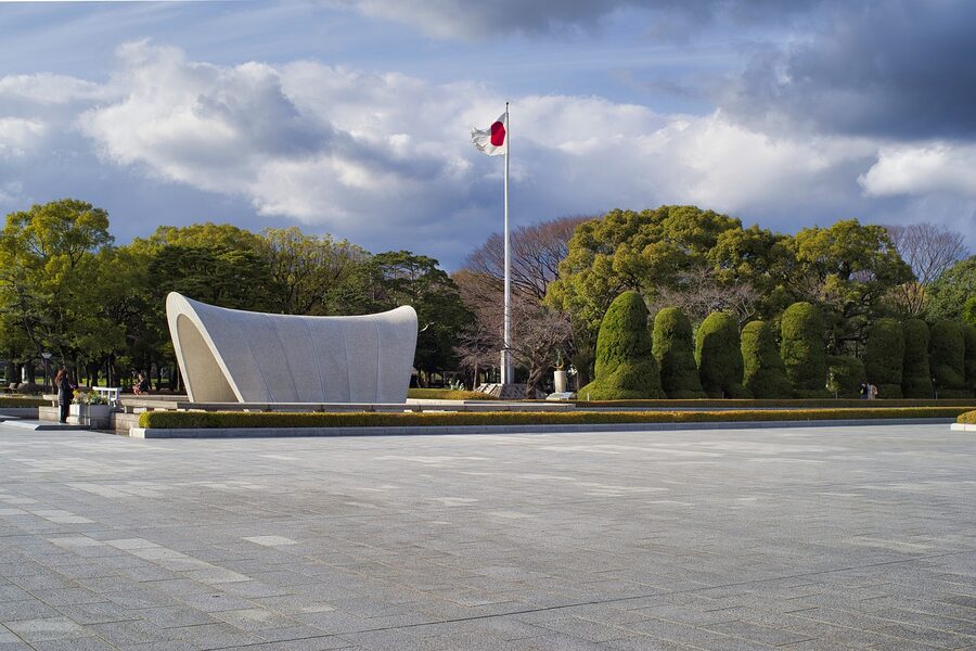 The Cenotaph and Peace Memorial Park axis in Hiroshima, with flagpoles aligned.